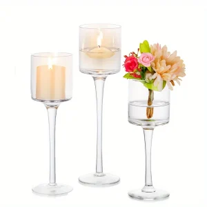 Set of 3 Glass Tall Elegant Long Stem Pillar Candle Holders