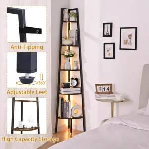 5-Tier Corner Bookshelf with LED Light