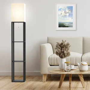Floor Lamp with Shelves, Solid Wood and Bulb Included
