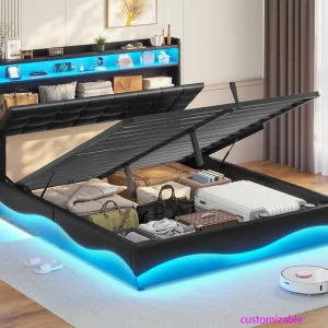 Queen Bed Frame Hidden Storage Headboard, LED Lights Upholstered Platform Bed