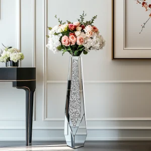 Tall Floor Mirror Vase, Large Crushed Diamond Glass Vase, Crystal Centerpiece